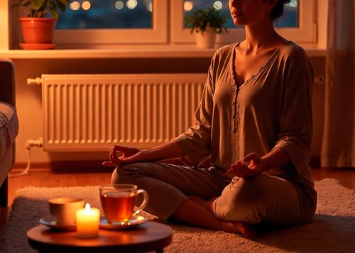 Женщина медитирует в позе лотоса на полу
